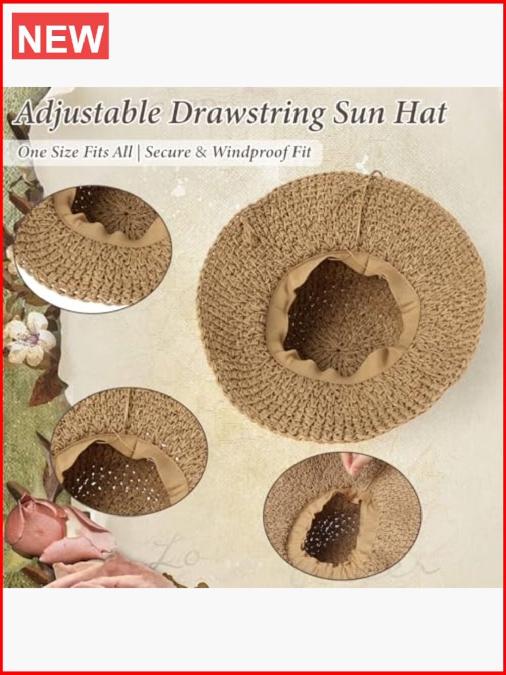 Woven Straw Wide Brim Sun Hat with Bow, Adjustable, Foldable for Travel - Picture 5 of 7